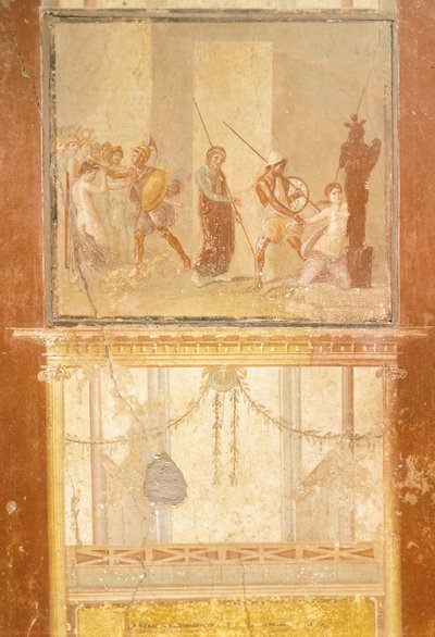 Afresco representando o encontro de Príamo, Menelau e Helena e Arisácio perseguindo Cassandra, da Casa de Menandro, Pompeia , Campânia, Civilização Romana de Roman Roman