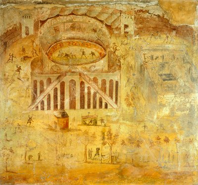 Afresco representando a disputa entre Pompeianos e Nocerini no anfiteatro, de Pompeia , Campânia, Civilização Romana de Roman Roman