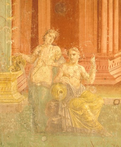 Fresco em quarto estilo pompeiano sobre fundo vermelho, Casa de Pinario Ceriale, Pompeia, Campânia, Civilização Romana de Roman Roman