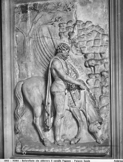 Laje imperial com relevo esculpido representando Bellerophon regando o cavalo alado Pegasus numa nascente, Corridoio dei Bassorilievi de Palazzo Spada, Roma (mármore) de Roman Roman