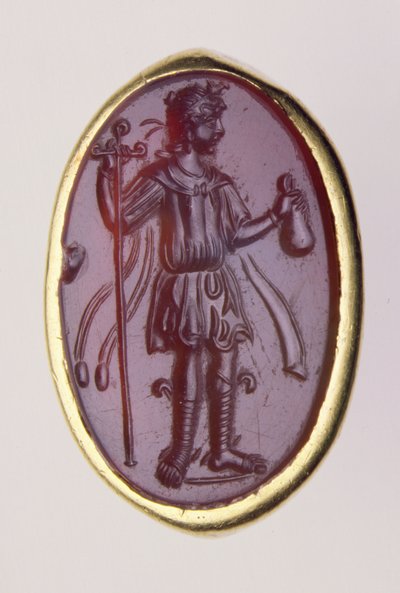 Intaglio inserido num anel de ouro que representa uma figura masculina jovem, século II a.C. (ouro e barba) de Roman Roman