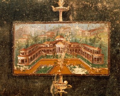 Paisagem e arquitetura em pintura mural em tablinum, 3.º estilo pompeiano, Casa de Marco Lucrezio Fronto, de Pompeia, Campânia, Itália de Roman Roman