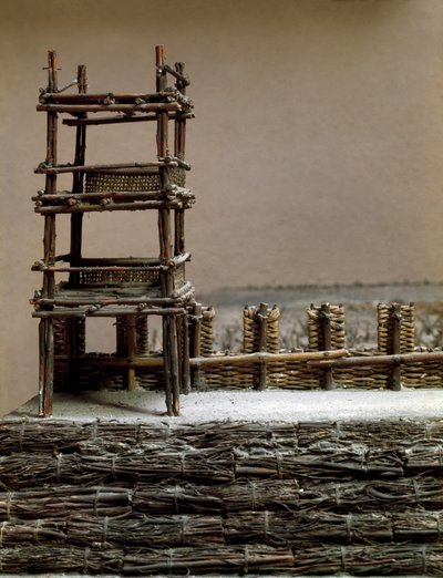 Modelo que reproduz o cerco e a batalha de Alesia em setembro de 52 a.C. por Jules Cesar que viu a derrota de Vercingetorix. Detalhe representando o sistema de defesa construído por César. Roma, Museo della Civilta Romana de Roman Roman