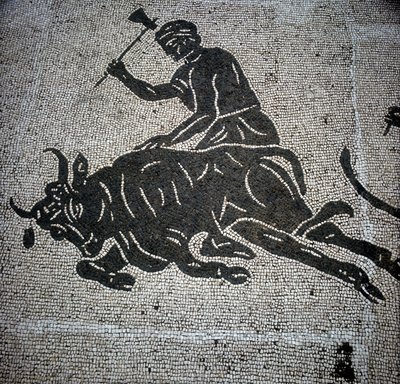 Mosaico representando uma cena de abate de um touro e encontrado em Ostia (Ostia) (perto de Roma). Actualmente preservado no antigo Salão de Bombeiros de Óstia. de Roman Roman