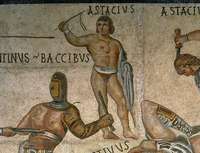 Mosaico, com, um, cena, de, luta, gladiadores, detalhe, de, um, gladiador, folheada, em, armadura de Roman Roman