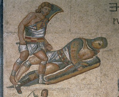 Mosaico, com, um, cena, de, luta, gladiadores, detalhe, de, um, gladiador, folheada, em, armadura de Roman Roman