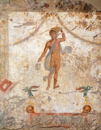 Pintura do quarto estilo pompeiano representando um génio com um cesto e uma sílaba de Roman Roman