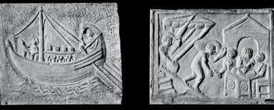 Relevo representando um navio mercante (Museo Nazionale, Roma) e relevo representando a descarga de um navio (Museo Torlonia, Roma) Século III ou IV (pedra) (foto a p/b) de Roman Roman