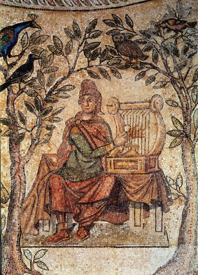 Arte Romana: Pássaros encantadores Orphee. Mosaico de Blanzy-les-Fisms. Lyon, Museu de Belas Artes de Roman Roman