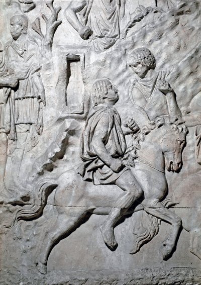 Arte Romana: "um cavaleiro numid rider acreditou" Molde de 1862 reproduzindo os baixos-relevos da coluna de Trajano (Colonna Traiana) em Roma construída durante o reinado do Imperador Trajano (53-117). A coluna Trajane comemora a câmara vitoriosa de Roman Roman