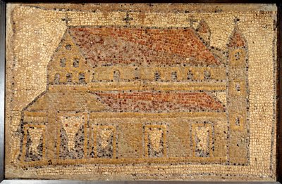 Arte Romana: mosaico de uma basílica representada em perspectiva, segunda metade do século V, Próximo Oriente - Paris, Musee du Louvre - Arte Romana: mosaico de Qabr Hiram perto de Tiro, na Fenícia, de uma igreja bizantina (paleocristã) do início do século de Roman Roman