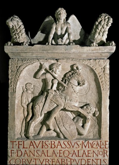 Arte romana: estela funerária do aristocrata e político romano Flavius Bassus Herculanus (conhecido por volta de 449-452) Século V DC. Roma, Museo della Civilta Romana de Roman Roman