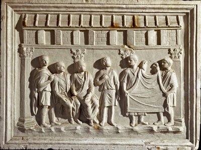Arte romana: molde em baixo relevo representando um tecido e tapeçarias. De um original do século II d.C. Roma Museo della Civilta Romana de Roman Roman