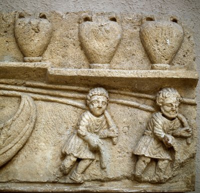 Arte romana: o transporte de um barco carregado com barris destinados ao comércio. Detalhe. Alívio de Cabrieres d
