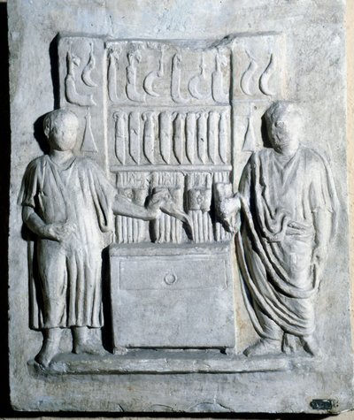 Sinal da loja de facas na era romana. Museo di Ostia (Ostia) de Roman Roman