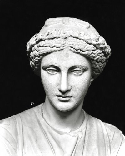 Estátua de Clio segurando um pergaminho, detalhe da cabeça (pedra) (foto p/b) (ver também 161938) de Roman Roman