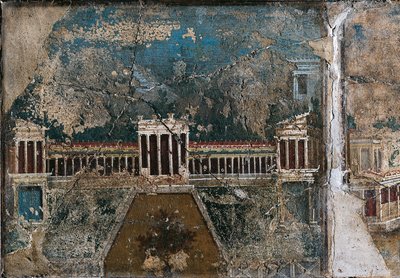 Afresco de terceiro estilo representando uma paisagem arquitetónica, pormenor de um edifício rodeado por um alpendre com colunatas, de Pompeia de Roman Roman