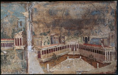 Afresco de terceiro estilo representando uma paisagem arquitetónica, pormenor de um alpendre com colunatas, de Pompeia de Roman Roman