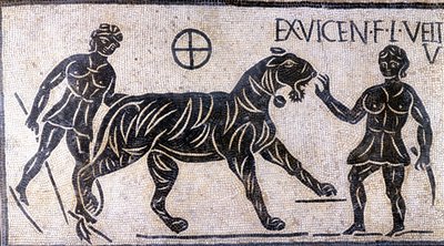 Domadores de tigre nas paredes do Coliseu - Mosaico Romano de Roman Roman