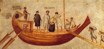 Descarga de cereais do navio, Isis Giminiana, de Ostia, séc. II-3º (fresco) de Roman Roman