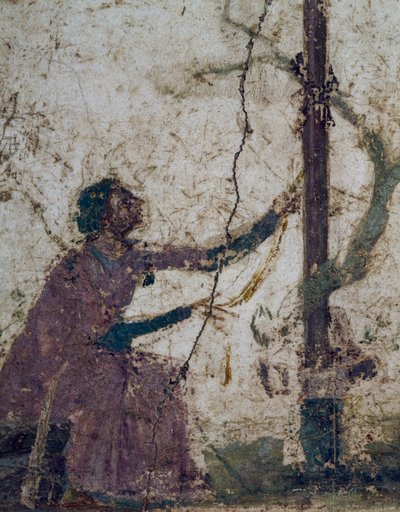 Mulher junto a uma árvore sagrada, fragmento de fresco de Pompeia, Campânia, Itália, civilização romana de Roman Roman