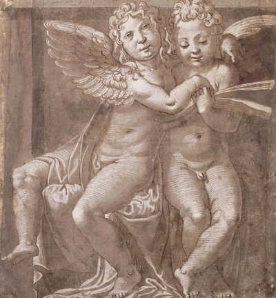 Dois Anjos Sentados Cantando, após Polidoro da Caravaggio (caneta e tinta marrom lavada com branco sobre papel cinza-azulado) de Roman School