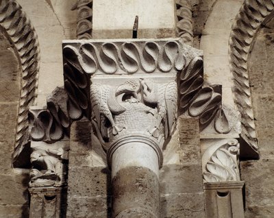 Aves que comem peixe e minhocas (capital esculpido) de Romanesque