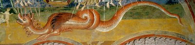 Representação do Apocalipse. Detalhe representando o monstro com sete cabeças, trespassado pelas setas dos anjos de Romanesque