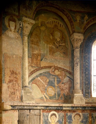 Arte Românica: Pintura retratando o mártir de Saint Laurent (1103-1130). Fresco. Capela do Chateau des Moines, Berze la Ville (Berze-la-Ville em Saone e Loire, Bourgogne), França. de Romanesque