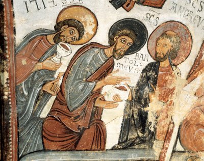 Arte românica: "os apóstolos Felipe, Barthelemy e André "" Fresco do Voto do Cene, Igreja de São Isidoro do século XII Real Colegiata de San Isidoro, Leão de Romanesque