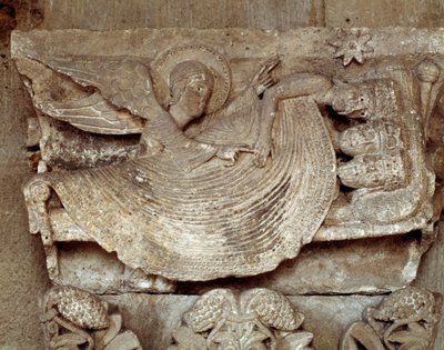 Os Magos adormecem com um anjo acordando-os e apontando para a estrela de Belém (capital esculpida) de Romanesque