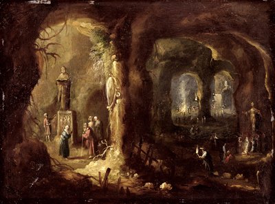 Gruta com estátuas e numerosas figuras adorando ídolos (São Simeão Estilita), c.1640 (óleo sobre cobre) de Rombout van Troyen