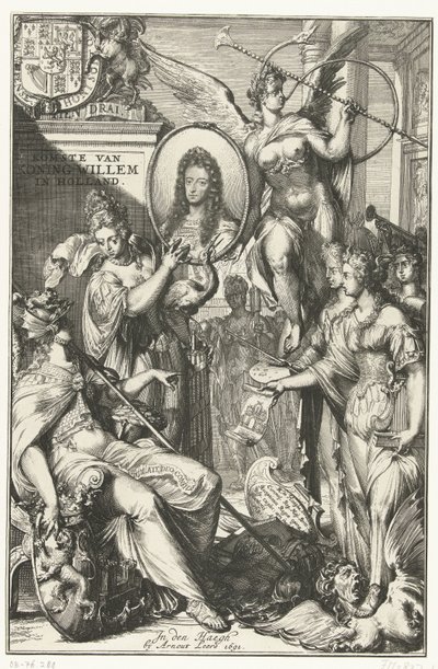 Frontispício alegórico com retrato de Guilherme III Chegada do Rei William na Holanda (título no objeto) de Romeyn de Hooghe