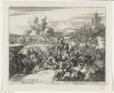 Batalhas entre Habsburgos e turcos nos arredores de Viena Bataille der Keyserse contra os turcos int desetten van Weenen (título no objeto) de Romeyn de Hooghe