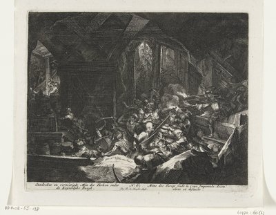 Os Habsburgos expulsam os sitiantes turcos dos túneis sob o Castelo Imperial Descoberto e destruído Mijn der Turks sob o Keyserlijke Burgh (título no objeto) de Romeyn de Hooghe