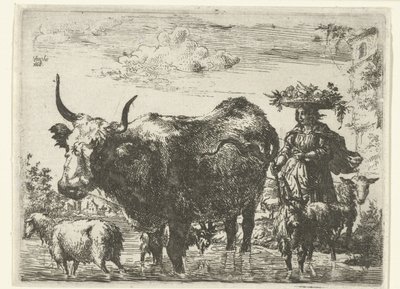 Pastora com cesta na cabeça, uma vaca, duas cabras e duas ovelhas na água de Romeyn de Hooghe