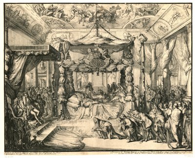 Rainha Maria II Stuart no seu leito de morte, 1695
A morte e os restos mortais de Maria II Stuart, Rainha de Inglaterra, 1695 (título da série) de Romeyn de Hooghe
