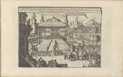 Koninklijk hof na Mongólia Mongols Hof en Hofpracht / Court and Royal Pump of the Great Mogul (título no objeto) As Índias Orientais e Ocidentais e Outros Lugares (título da série) de Romeyn de Hooghe