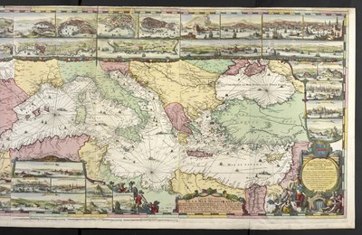 Mapa do Mediterrâneo com figuras alegóricas e monstros marinhos embelezando as inserções, de 