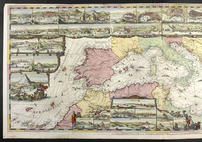 Mapa do Mediterrâneo com figuras alegóricas e monstros marinhos embelezando os insetos, de 