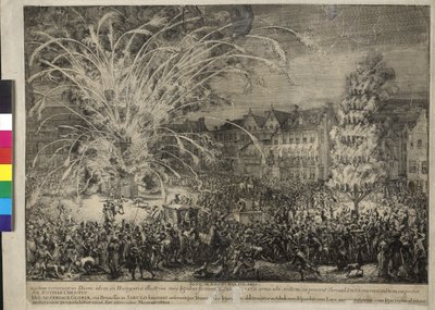 Fogos de artifício noturnos na Rua dos Sablons em Bruxelas 1686 (gravura) de Romeyn de Hooghe