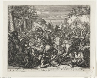 Batalha entre Habsburgos e Turcos nos Bosques de Viena Abertura e espancamento dos turcos aent Weener Wald (título no objeto) de Romeyn de Hooghe