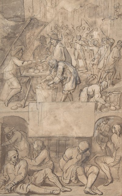 Estudo para uma página de título: Alegoria do comércio e prisão de um devedor, s.d.. de Romeyn de Hooghe.