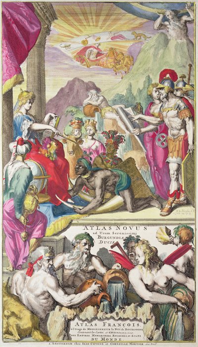 Frontispício &39;Atlas de usar Duke Serene de Borgonha, "retratando a receber tributo dos povos da Europa, Ásia, África e América, c.1730 de Romeyn de Hooghe