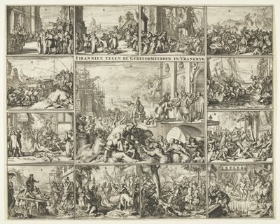 Perseguição de protestantes em França após a revogação do Édito de Nantes, 1685-1686
Tirannies contra os Reformados em França (título sobre o objecto) de Romeyn de Hooghe