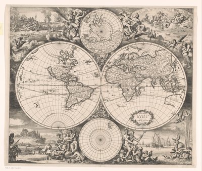 Mapa do mundo com uma alegoria dos quatro elementos Nova totius terrarum orbis tabula (título no objeto) de Romeyn de Hooghe