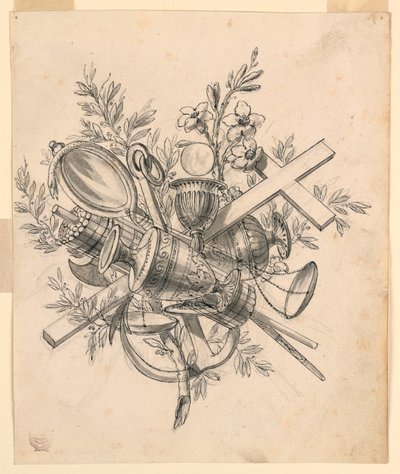 Desenho, Troféu com Símbolos das Virtudes, 1830-1850 de Romolo Achille Liverani