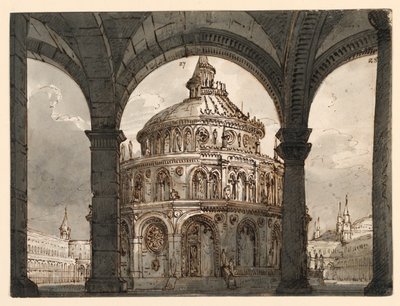 Cenário, Átrio com o Templo dos Hospitalários para a Ópera "La Straniera" de Vincenzo Bellini de Romolo Achille Liverani