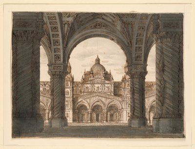 Cenário, Fachada da Igreja de uma Loggia, I due Valdomiri de Felice Romani, música de Pietro de Winter. Executado no La Scala, Milão, 1818 de Romolo Achille Liverani