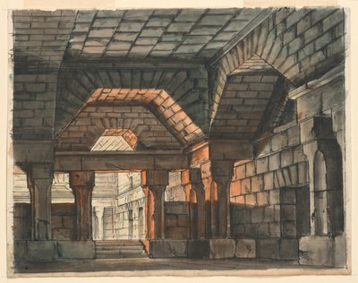 Cenário, Interior do Castelo Fortificado para "Ciro na Babilônia" de Gioachino Rossini, La Scala, Milão, 1818, "Prisão Subterrânea" de Romolo Achille Liverani